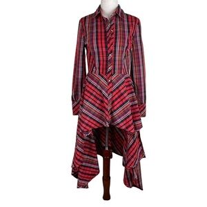 New York & Company Red Plaid Button Down High Low Top